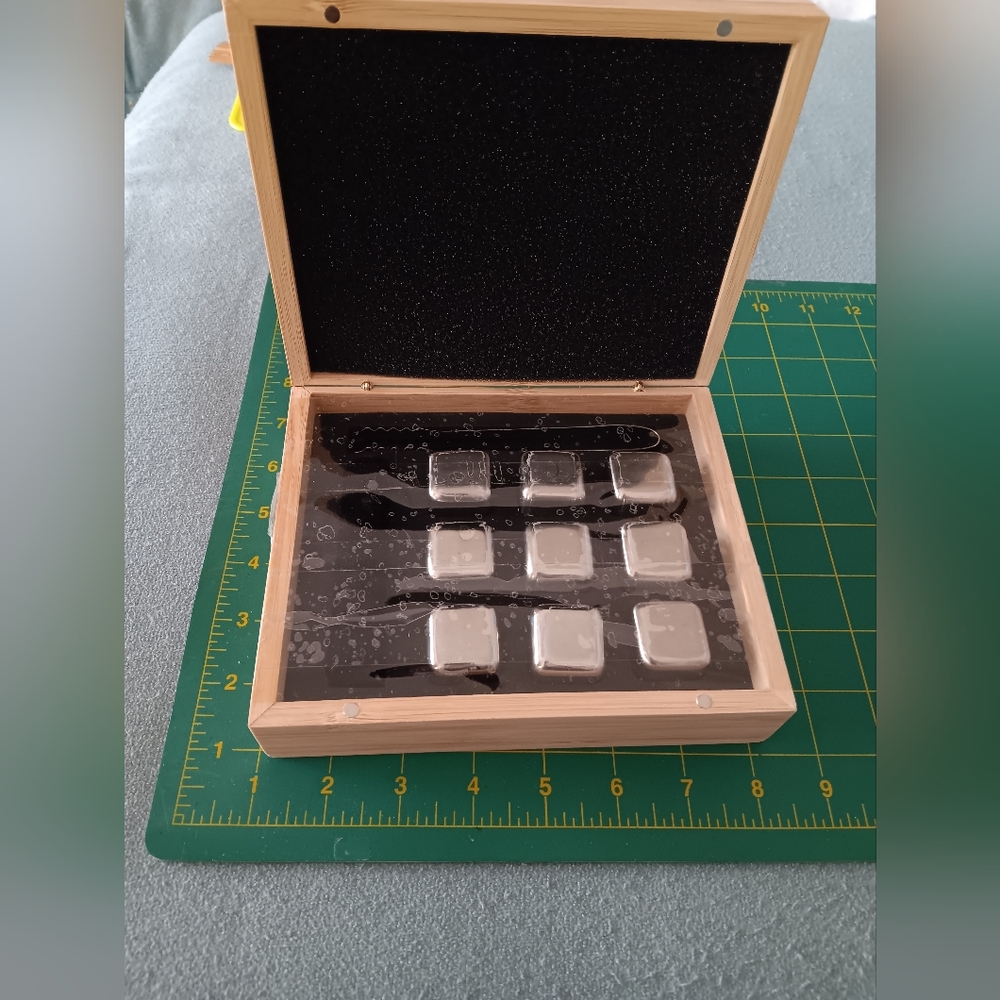 Whiskey Stone Set with  Bamboo Box Non Diluting Metal Ice Cubes